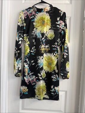 Zara Black Dress with Yellow, Teal & White Floral Print